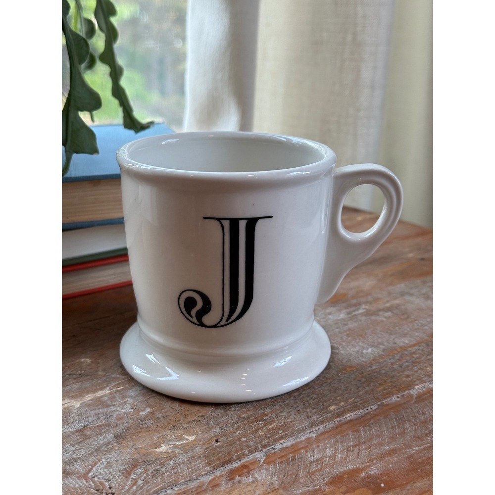 Anthropologie Monogram Letter J Coffee Mug White Ceramic Diner Style Pedestal